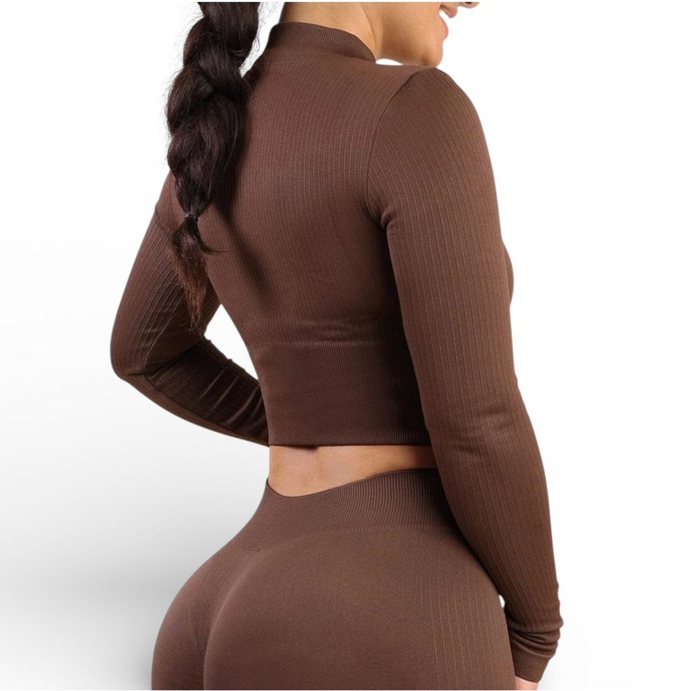 Brown Ribbed Cropped Zip-Up Sweater – Size S - Picture 3 of 6